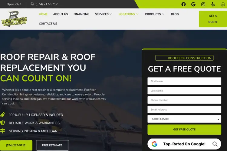 Rooftech Construction website homepage